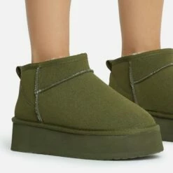 EGO Pumpkin Platform Sole Faux Fur Lining Ultra Mini Ankle Boot In Khaki Faux Suede -EGO Sales Store 28 10 22 fw20377 copy