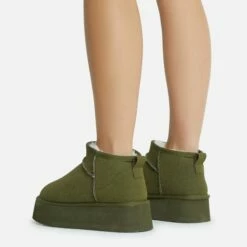 EGO Pumpkin Platform Sole Faux Fur Lining Ultra Mini Ankle Boot In Khaki Faux Suede -EGO Sales Store 28 10 22 fw20378 copy