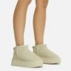 EGO Pumpkin Platform Sole Faux Fur Lining Ultra Mini Ankle Boot In Beige Faux Suede