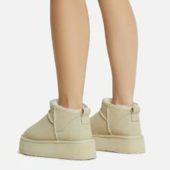 EGO Pumpkin Platform Sole Faux Fur Lining Ultra Mini Ankle Boot In Beige Faux Suede -EGO Sales Store 28 10 22 fw20388 copy
