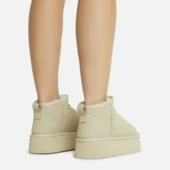 EGO Pumpkin Platform Sole Faux Fur Lining Ultra Mini Ankle Boot In Beige Faux Suede -EGO Sales Store 28 10 22 fw20389 copy