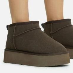 EGO Pumpkin Platform Sole Faux Fur Lining Ultra Mini Ankle Boot In Brown Faux Suede -EGO Sales Store 28 10 22 fw20392 copy