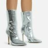 EGO Attention-Seeker Pointed Toe Stiletto Heel Ankle Boot In Silver Metallic Croc Print Faux Leather