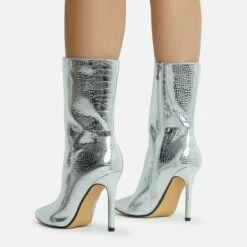 EGO Attention-Seeker Pointed Toe Stiletto Heel Ankle Boot In Silver Metallic Croc Print Faux Leather -EGO Sales Store 28 10 22 fw20510 sq