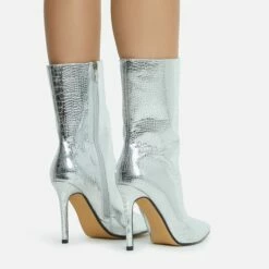 EGO Attention-Seeker Pointed Toe Stiletto Heel Ankle Boot In Silver Metallic Croc Print Faux Leather -EGO Sales Store 28 10 22 fw20511 sq