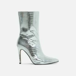 EGO Attention-Seeker Pointed Toe Stiletto Heel Ankle Boot In Silver Metallic Croc Print Faux Leather -EGO Sales Store 28 10 22 fw20512 sq