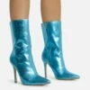 EGO Attention-Seeker Pointed Toe Stiletto Heel Ankle Boot In Blue Metallic Croc Print Faux Leather