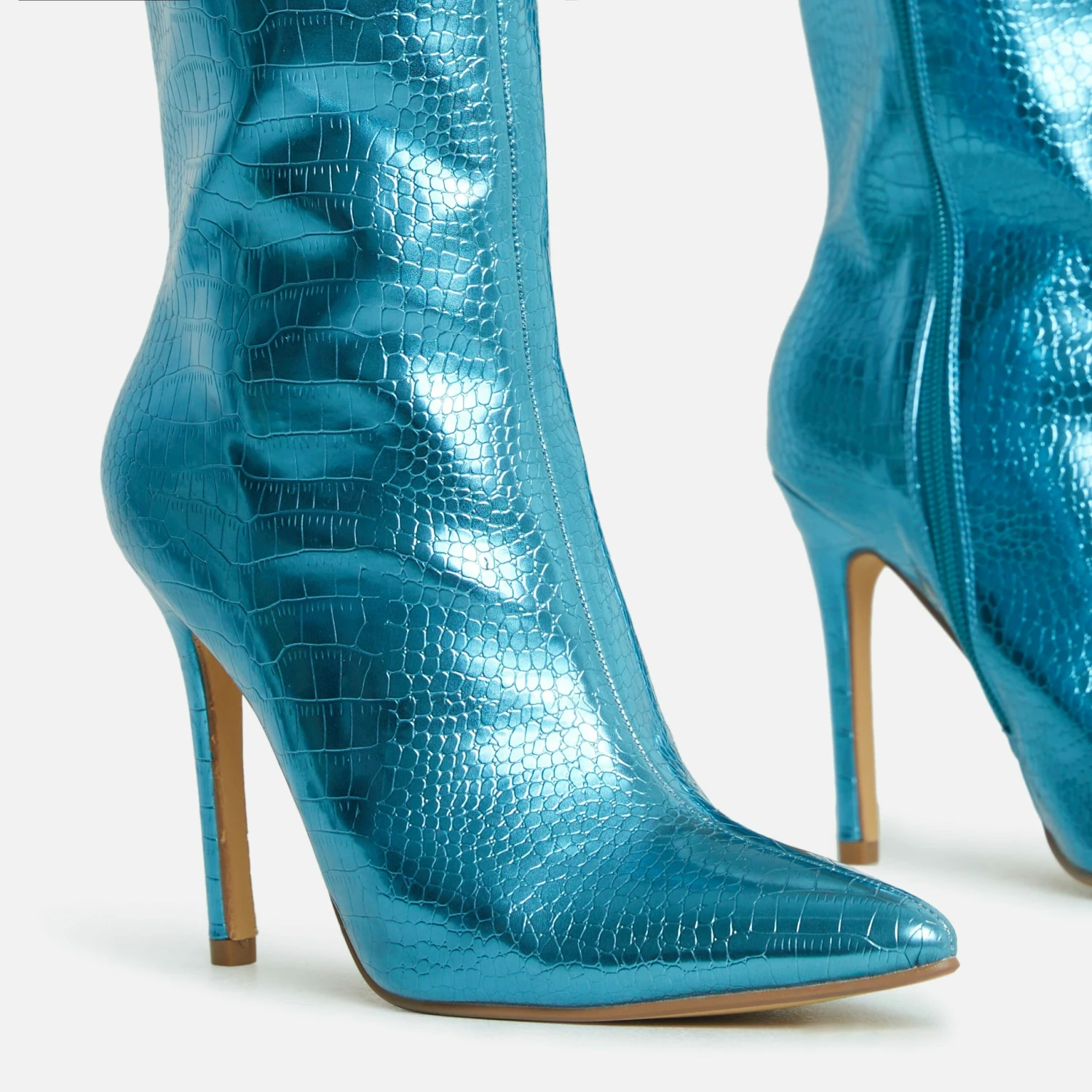 EGO Attention-Seeker Pointed Toe Stiletto Heel Ankle Boot In Blue Metallic Croc Print Faux Leather 4 EGO Attention-Seeker Pointed Toe Stiletto Heel Ankle Boot In Blue Metallic Croc Print Faux Leather - Image 2