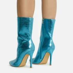 EGO Attention-Seeker Pointed Toe Stiletto Heel Ankle Boot In Blue Metallic Croc Print Faux Leather 9 EGO Attention-Seeker Pointed Toe Stiletto Heel Ankle Boot In Blue Metallic Croc Print Faux Leather -EGO Sales Store 28 10 22 fw20516 sq