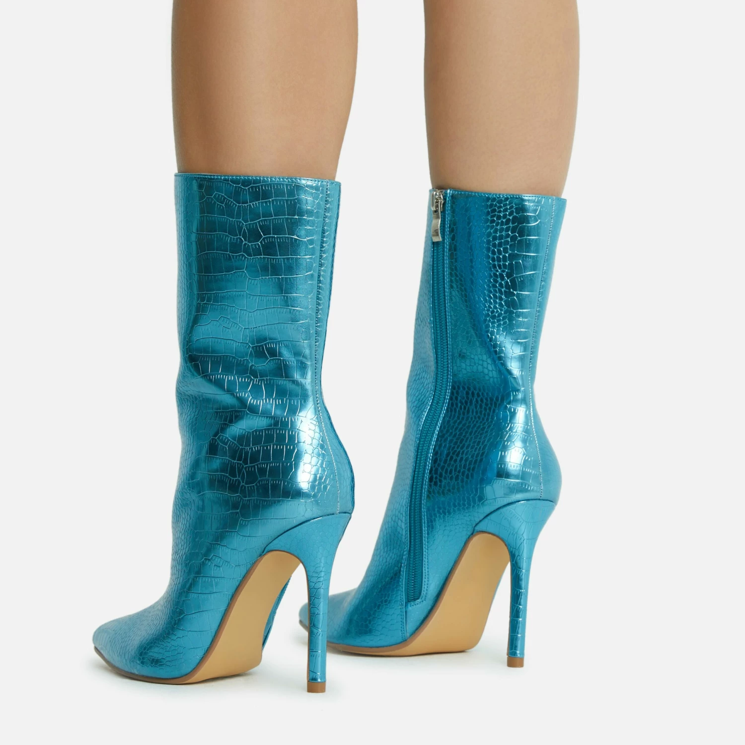 EGO Attention-Seeker Pointed Toe Stiletto Heel Ankle Boot In Blue Metallic Croc Print Faux Leather 5 EGO Attention-Seeker Pointed Toe Stiletto Heel Ankle Boot In Blue Metallic Croc Print Faux Leather - Image 3