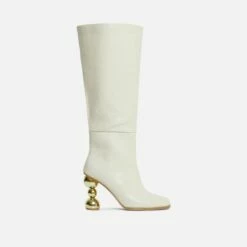 EGO Highland Square Toe Statement Metallic Heel Knee High Long Boot In Cream Croc Print Faux Leather -EGO Sales Store 28 10 22 fw20548 sq
