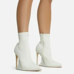 EGO Ida Diamante Detail Pointed Toe Statement Platform Stiletto Heel Ankle Sock Boot In Cream Faux Leather