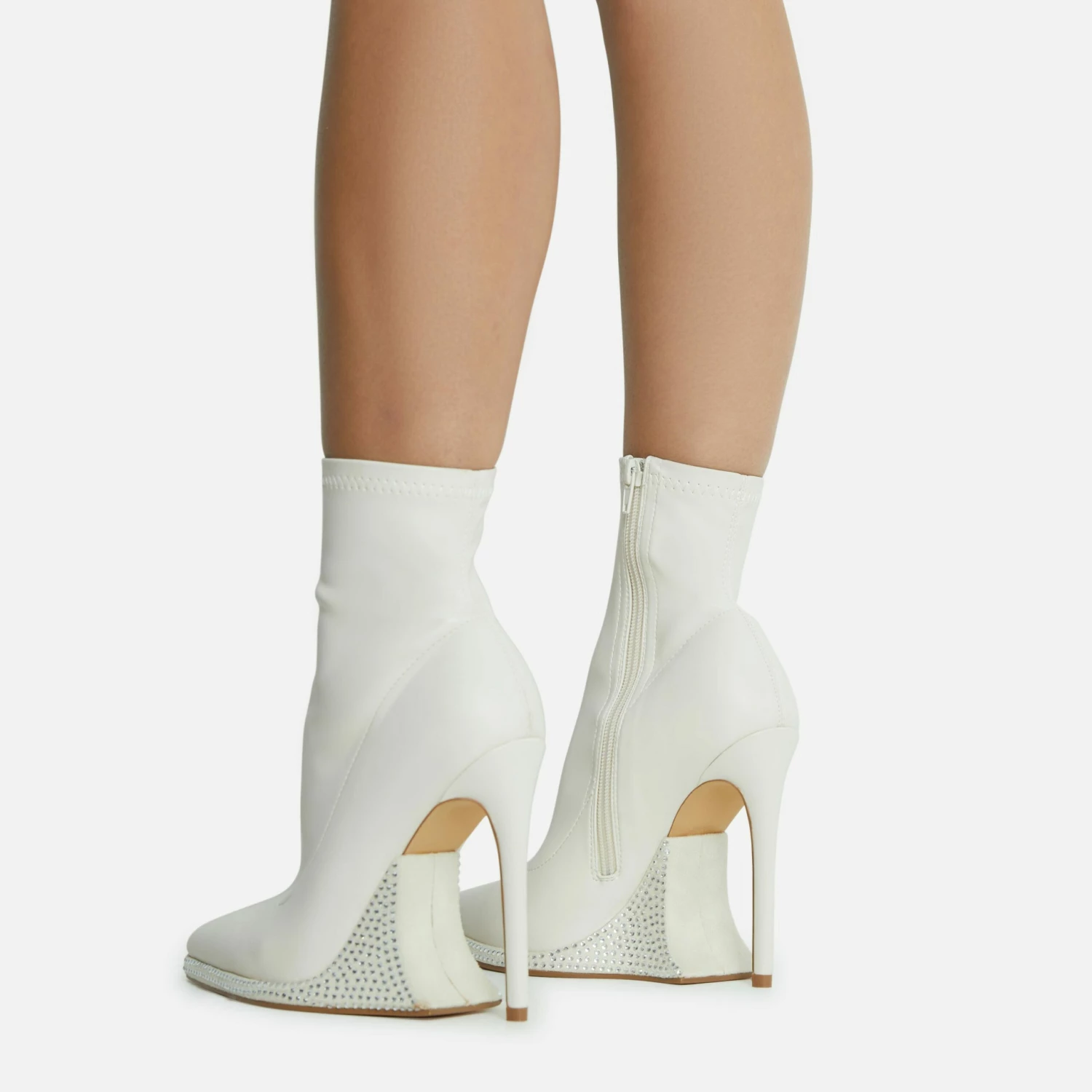 EGO Ida Diamante Detail Pointed Toe Statement Platform Stiletto Heel Ankle Sock Boot In Cream Faux Leather 5 EGO Ida Diamante Detail Pointed Toe Statement Platform Stiletto Heel Ankle Sock Boot In Cream Faux Leather - Image 3