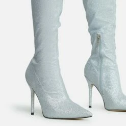 EGO Devoted Pointed Toe Stiletto Heel Over The Knee Thigh High Long Boot In Silver Glitter -EGO Sales Store 28 10 22 fw20608 sq