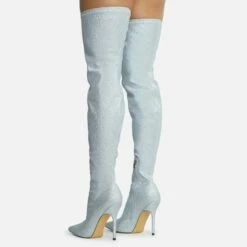 EGO Devoted Pointed Toe Stiletto Heel Over The Knee Thigh High Long Boot In Silver Glitter -EGO Sales Store 28 10 22 fw20609 sq