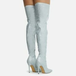 EGO Devoted Pointed Toe Stiletto Heel Over The Knee Thigh High Long Boot In Silver Glitter -EGO Sales Store 28 10 22 fw20610 sq