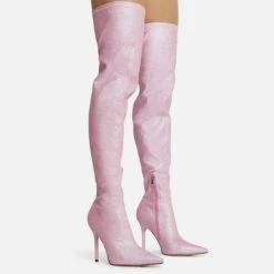 Front Page 38 EGO Devoted Pointed Toe Stiletto Heel Over The Knee Thigh High Long Boot In Pink Glitter