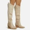 EGO Bulldoze Embroidered Detail Pointed Toe Block Heel Knee High Western Cowboy Long Boot In Khaki Nude Faux Suede 2 EGO Bulldoze Embroidered Detail Pointed Toe Block Heel Knee High Western Cowboy Long Boot In Khaki Nude Faux Suede -EGO Sales Store 28 10 22 fw23543 sq