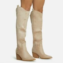 EGO Bulldoze Embroidered Detail Pointed Toe Block Heel Knee High Western Cowboy Long Boot In Khaki Nude Faux Suede