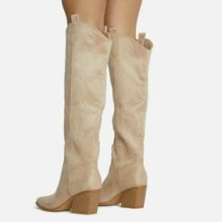 EGO Bulldoze Embroidered Detail Pointed Toe Block Heel Knee High Western Cowboy Long Boot In Khaki Nude Faux Suede -EGO Sales Store 28 10 22 fw23546 sq