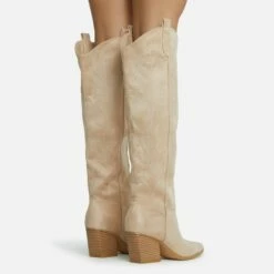 EGO Bulldoze Embroidered Detail Pointed Toe Block Heel Knee High Western Cowboy Long Boot In Khaki Nude Faux Suede -EGO Sales Store 28 10 22 fw23547 sq
