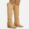 EGO Bulldoze Embroidered Detail Pointed Toe Block Heel Knee High Western Cowboy Long Boot In Camel Faux Suede