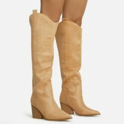 EGO Bulldoze Embroidered Detail Pointed Toe Block Heel Knee High Western Cowboy Long Boot In Camel Faux Suede