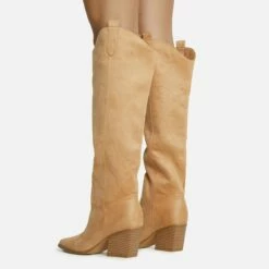 EGO Bulldoze Embroidered Detail Pointed Toe Block Heel Knee High Western Cowboy Long Boot In Camel Faux Suede -EGO Sales Store 28 10 22 fw23551 sq