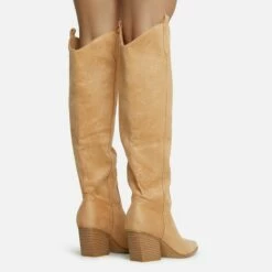 EGO Bulldoze Embroidered Detail Pointed Toe Block Heel Knee High Western Cowboy Long Boot In Camel Faux Suede -EGO Sales Store 28 10 22 fw23552 sq