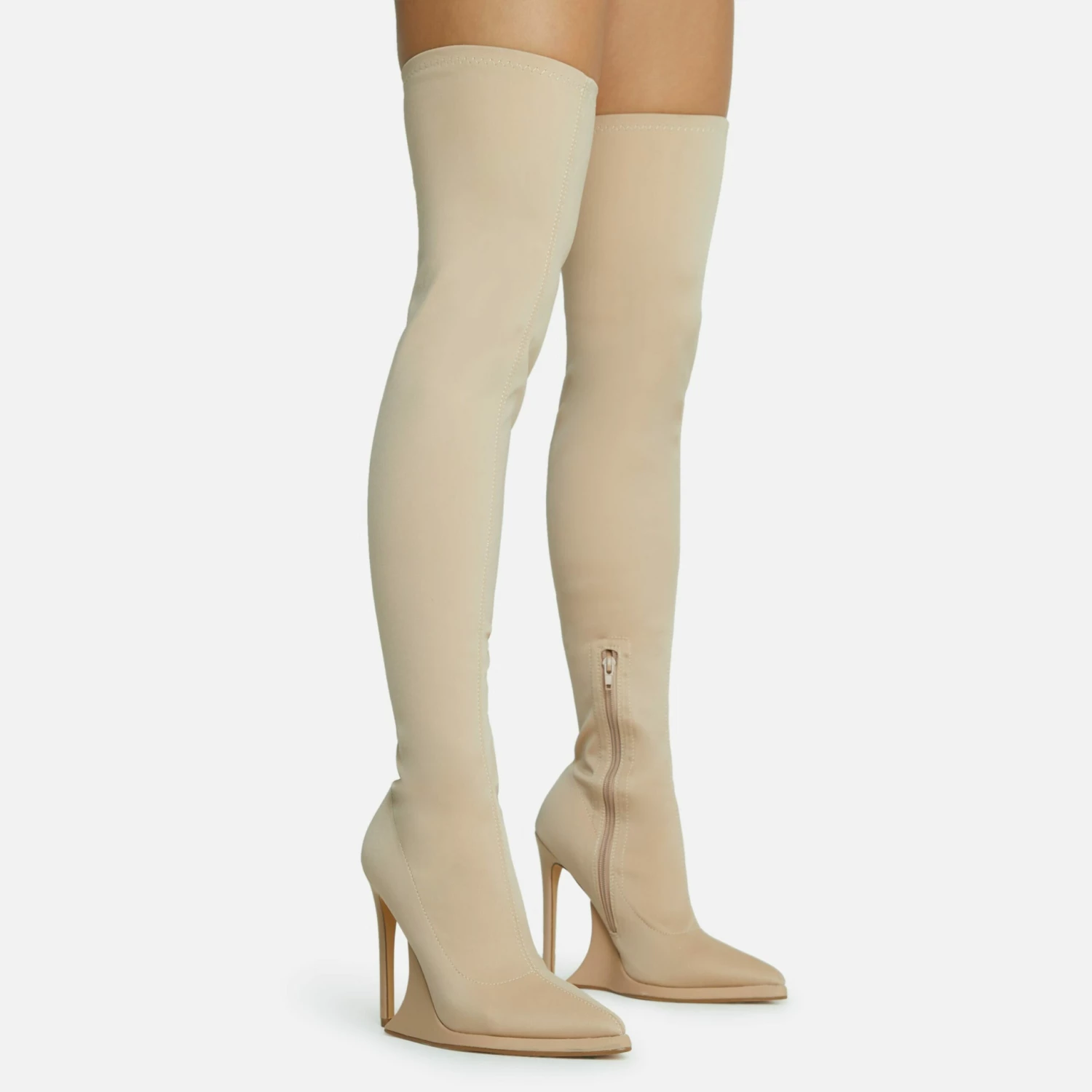 EGO Scream Pointed Toe Statement Platform Stiletto Heel Over The Knee Thigh High Long Boot In Nude Lycra 3 EGO Scream Pointed Toe Statement Platform Stiletto Heel Over The Knee Thigh High Long Boot In Nude Lycra