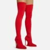 EGO Scream Pointed Toe Statement Platform Stiletto Heel Over The Knee Thigh High Long Boot In Red Lycra -EGO Sales Store 28 10 22 fw23587 sq