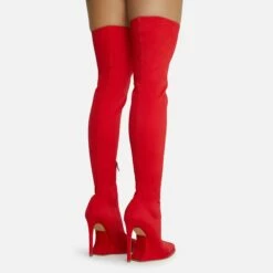 EGO Scream Pointed Toe Statement Platform Stiletto Heel Over The Knee Thigh High Long Boot In Red Lycra -EGO Sales Store 28 10 22 fw23591 sq