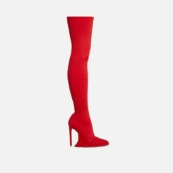 EGO Scream Pointed Toe Statement Platform Stiletto Heel Over The Knee Thigh High Long Boot In Red Lycra -EGO Sales Store 28 10 22 fw23592 sq