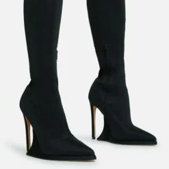 EGO Scream Pointed Toe Statement Platform Stiletto Heel Over The Knee Thigh High Long Boot In Black Lycra -EGO Sales Store 28 10 22 fw23595 sq