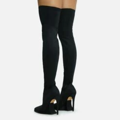 EGO Scream Pointed Toe Statement Platform Stiletto Heel Over The Knee Thigh High Long Boot In Black Lycra -EGO Sales Store 28 10 22 fw23596 sq