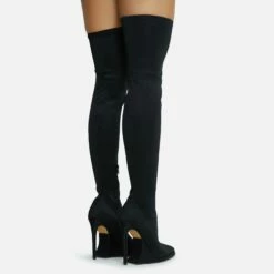 EGO Scream Pointed Toe Statement Platform Stiletto Heel Over The Knee Thigh High Long Boot In Black Lycra -EGO Sales Store 28 10 22 fw23597 sq