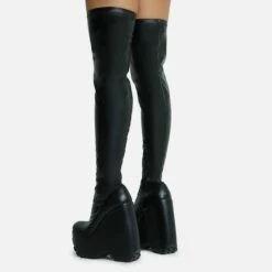 EGO Alucard Square Toe Chunky Platform Wedge Over The Knee Thigh High Sock Boot In Black Faux Leather -EGO Sales Store 28 10 22 fw23603 sq