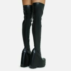 EGO Alucard Square Toe Chunky Platform Wedge Over The Knee Thigh High Sock Boot In Black Faux Leather -EGO Sales Store 28 10 22 fw23604 sq