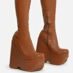 EGO Alucard Square Toe Chunky Platform Wedge Over The Knee Thigh High Sock Boot In Tan Brown Faux Leather -EGO Sales Store 28 10 22 fw23614 sq