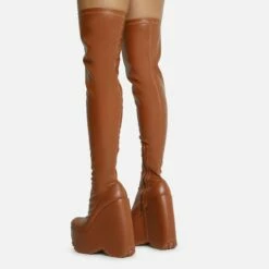 EGO Alucard Square Toe Chunky Platform Wedge Over The Knee Thigh High Sock Boot In Tan Brown Faux Leather -EGO Sales Store 28 10 22 fw23615 sq