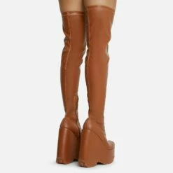 EGO Alucard Square Toe Chunky Platform Wedge Over The Knee Thigh High Sock Boot In Tan Brown Faux Leather -EGO Sales Store 28 10 22 fw23616 sq