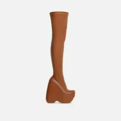 EGO Alucard Square Toe Chunky Platform Wedge Over The Knee Thigh High Sock Boot In Tan Brown Faux Leather -EGO Sales Store 28 10 22 fw23617 sq