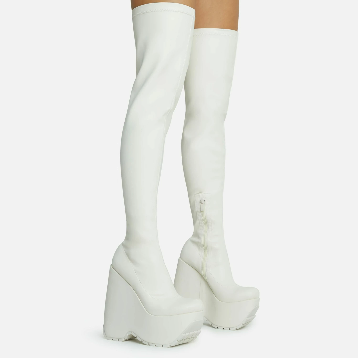 EGO Alucard Square Toe Chunky Platform Wedge Over The Knee Thigh High Sock Boot In Cream Faux Leather 3 EGO Alucard Square Toe Chunky Platform Wedge Over The Knee Thigh High Sock Boot In Cream Faux Leather