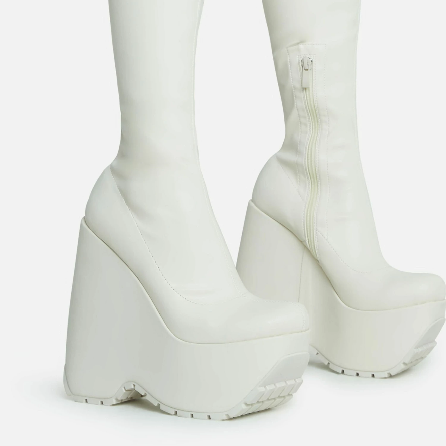 EGO Alucard Square Toe Chunky Platform Wedge Over The Knee Thigh High Sock Boot In Cream Faux Leather 4 EGO Alucard Square Toe Chunky Platform Wedge Over The Knee Thigh High Sock Boot In Cream Faux Leather - Image 2