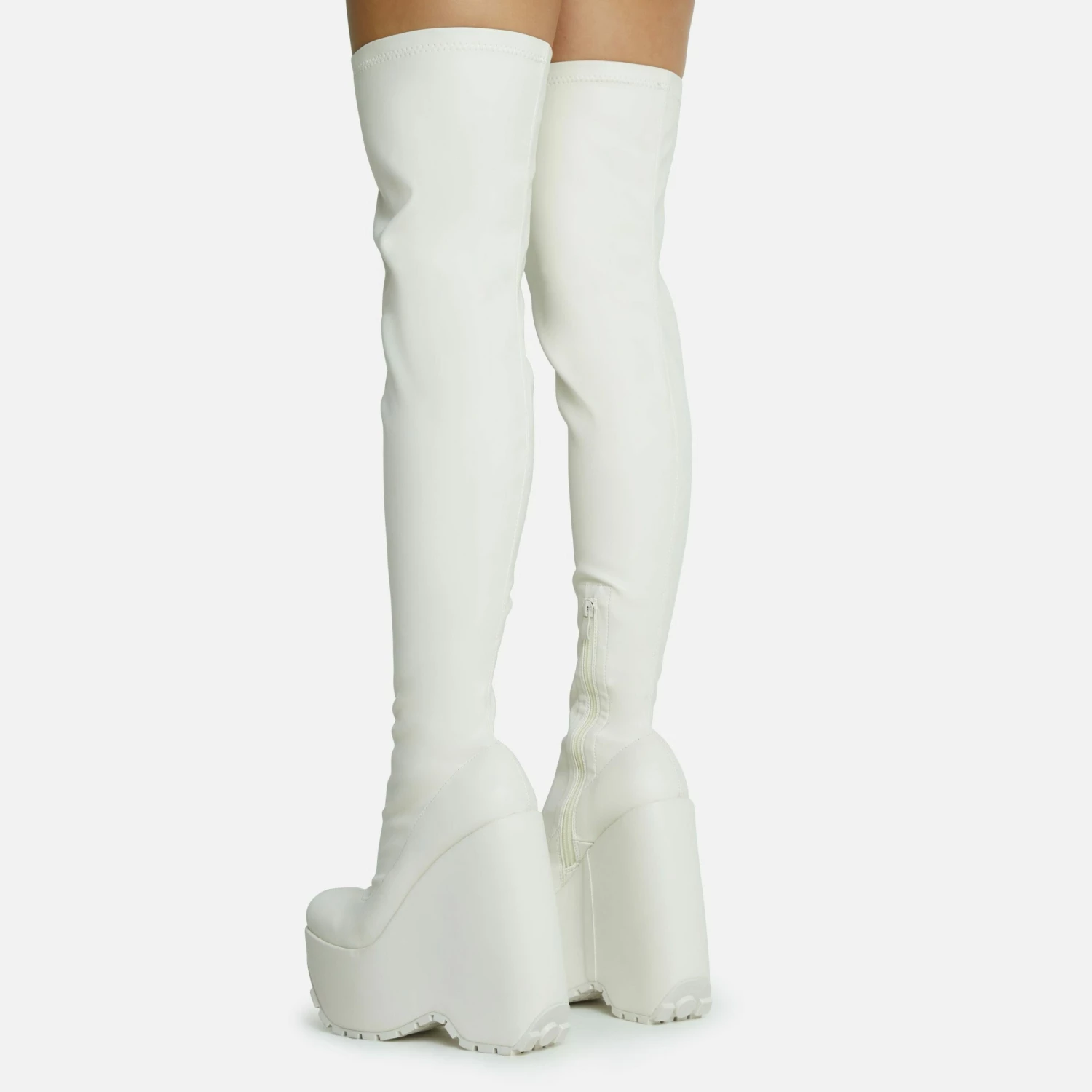 EGO Alucard Square Toe Chunky Platform Wedge Over The Knee Thigh High Sock Boot In Cream Faux Leather 5 EGO Alucard Square Toe Chunky Platform Wedge Over The Knee Thigh High Sock Boot In Cream Faux Leather - Image 3