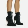 EGO Porto-Bonito Lace Up Pointed Toe Statement Platform Stiletto Heel Ankle Boot In Black Faux Suede
