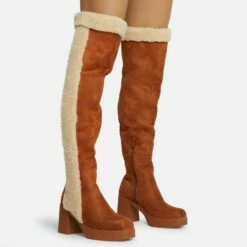 Front Page 28 EGO Top-Tier Faux Shearling Detail Over The Knee Thigh High Long Boot In Tan Brown Faux Suede