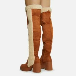 EGO Top-Tier Faux Shearling Detail Over The Knee Thigh High Long Boot In Tan Brown Faux Suede -EGO Sales Store 28 10 22 fw23649 sq