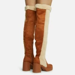 EGO Top-Tier Faux Shearling Detail Over The Knee Thigh High Long Boot In Tan Brown Faux Suede -EGO Sales Store 28 10 22 fw23650 sq