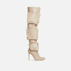 EGO Level-Up Pocket Detail Pointed Toe Stiletto Heel Over The Knee Thigh High Long Boot In Nude Croc Print Faux Leather -EGO Sales Store 28 10 22 fw23672 sq